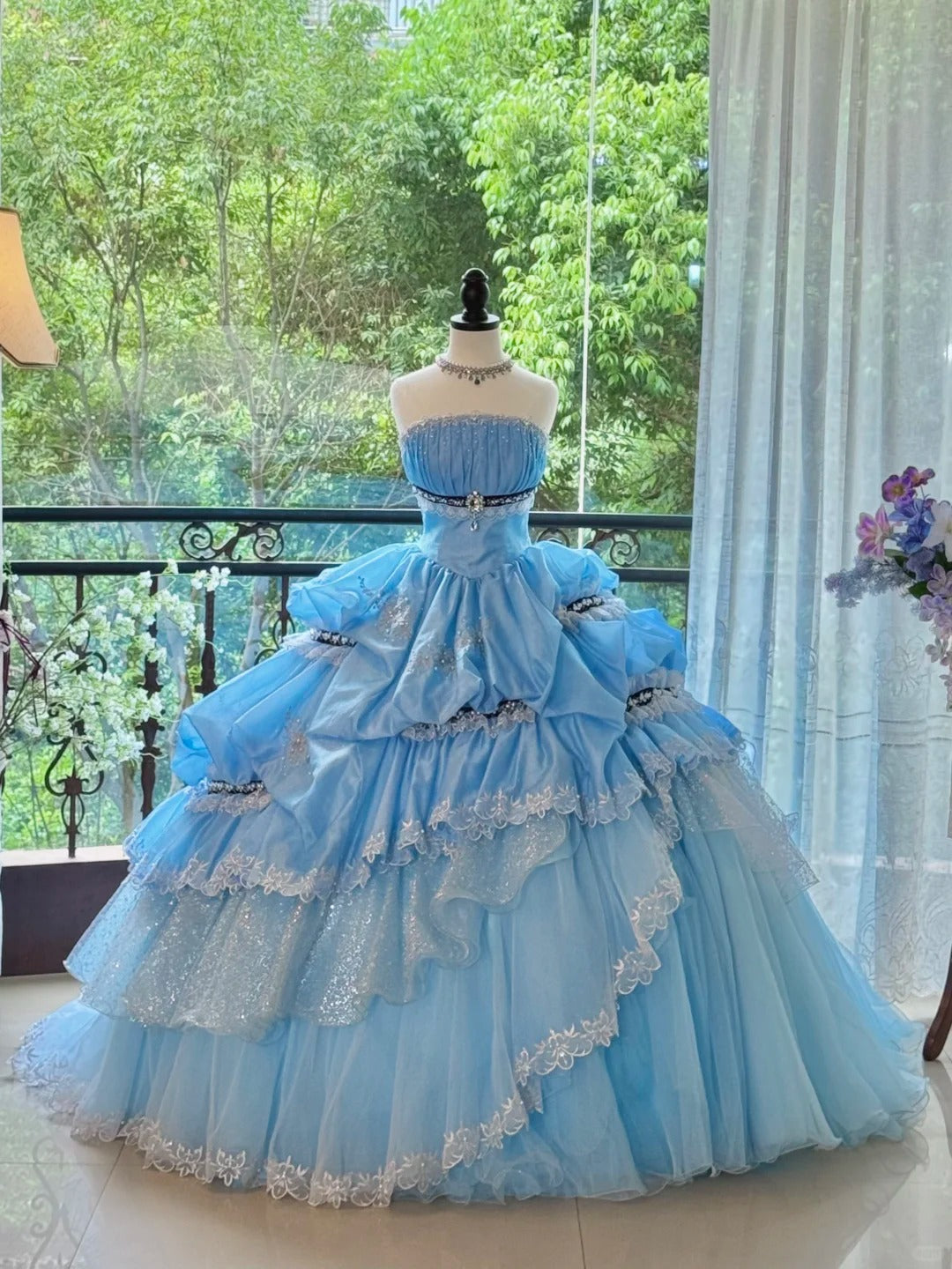 Girlhomeshops-Blue Gorgeous Elegant Sweet Long Tulle Quinceanera Dresses Ball Gown Graduation Dress Princess gh5004