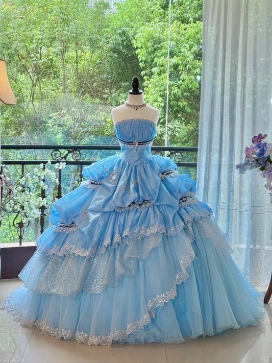 Girlhomeshops-Blue Gorgeous Elegant Sweet Long Tulle Quinceanera Dresses Ball Gown Graduation Dress Princess gh5004