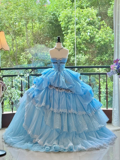 Girlhomeshops-Blue Gorgeous Elegant Sweet Long Tulle Quinceanera Dresses Ball Gown Graduation Dress Princess gh5004