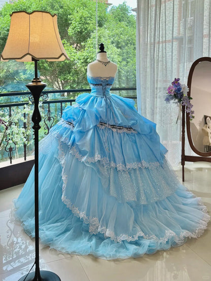 Girlhomeshops-Blue Gorgeous Elegant Sweet Long Tulle Quinceanera Dresses Ball Gown Graduation Dress Princess gh5004