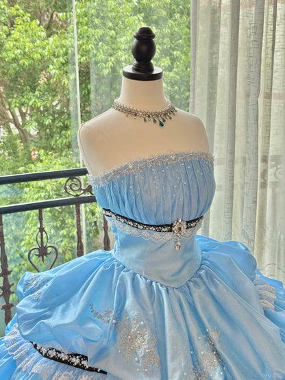 Girlhomeshops-Blue Gorgeous Elegant Sweet Long Tulle Quinceanera Dresses Ball Gown Graduation Dress Princess gh5004