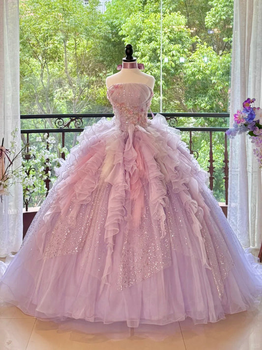 Girlhomeshops-Quinceanera Dresses Pink Purple Gorgeous Elegant Shiny Floral Sequin Long Tulle Prom Dress Graduation Dress gh5001