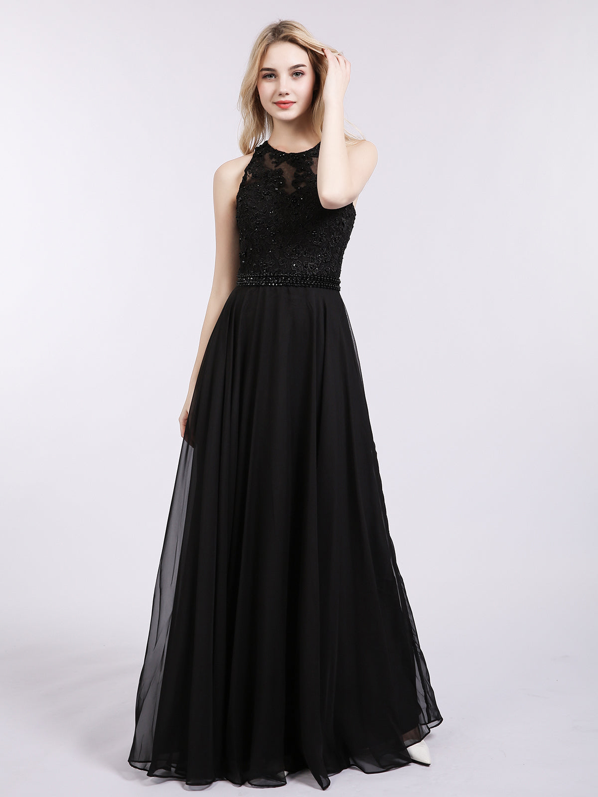 Open Back Chiffon Beaded Waistband Dress-Black
