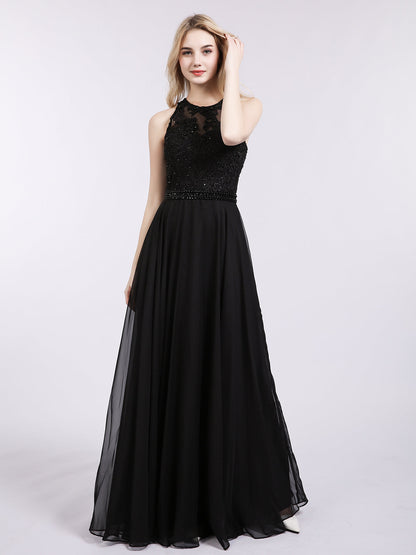 Open Back Chiffon Beaded Waistband Dress-Black