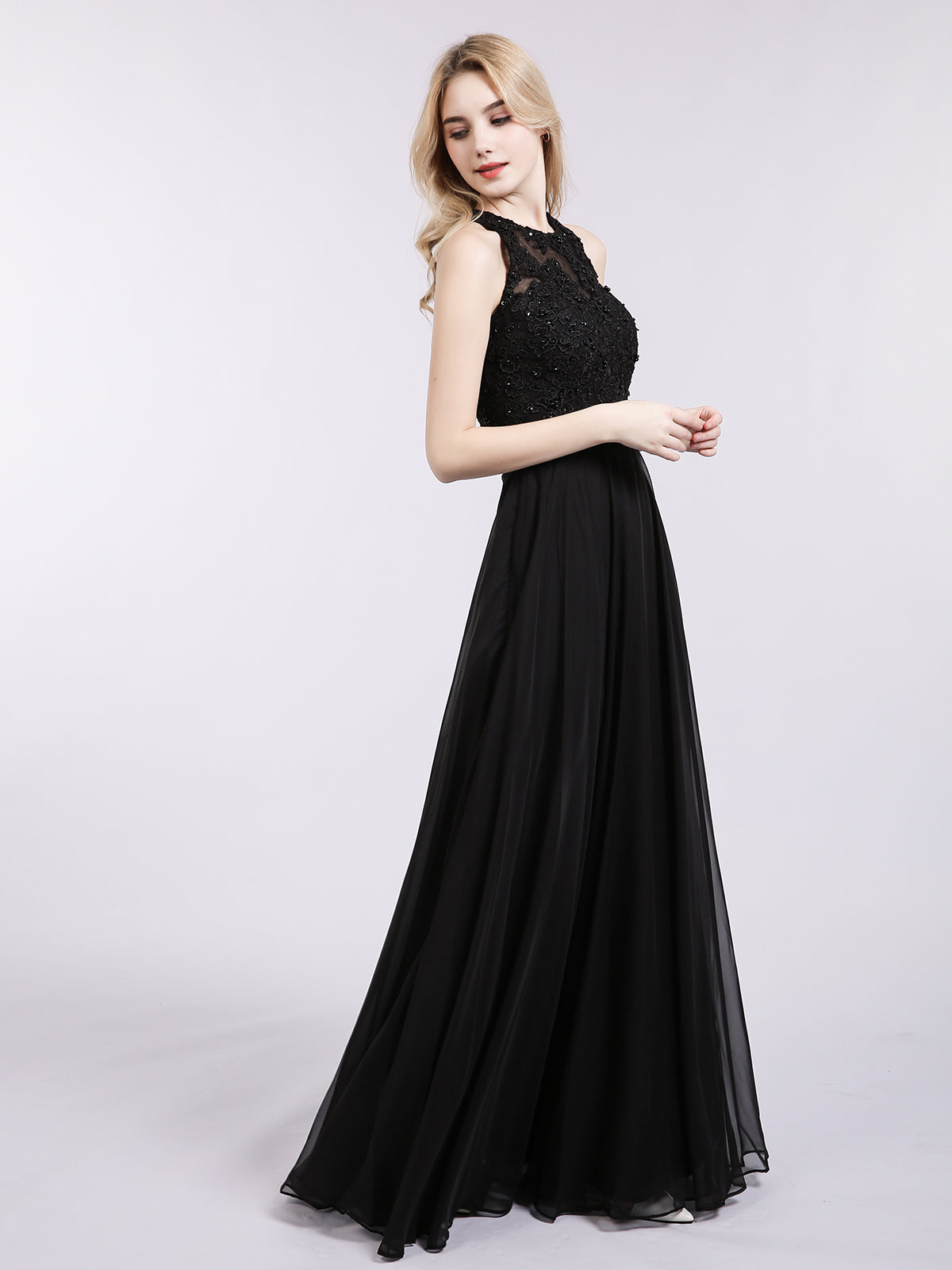 Open Back Chiffon Beaded Waistband Dress-Black