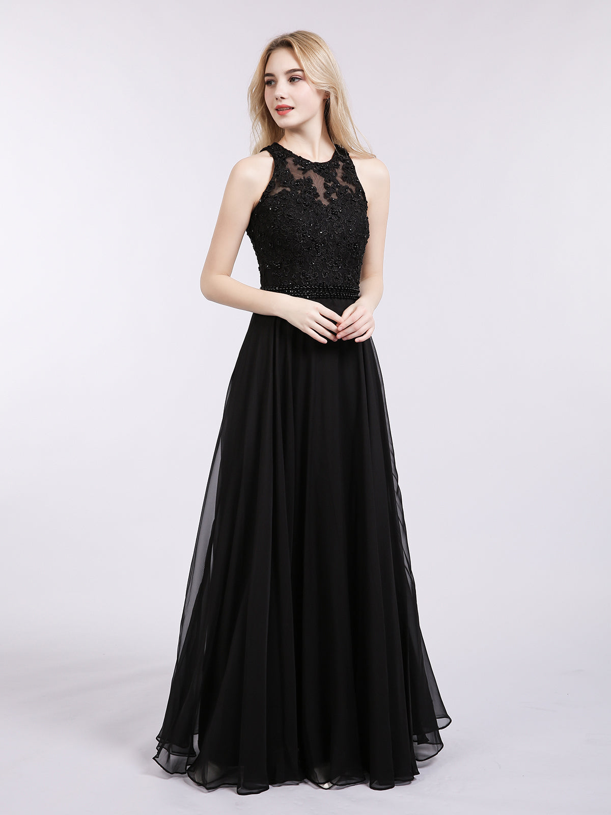 Open Back Chiffon Beaded Waistband Dress-Black