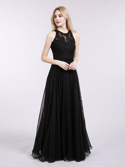 Open Back Chiffon Beaded Waistband Dress-Black