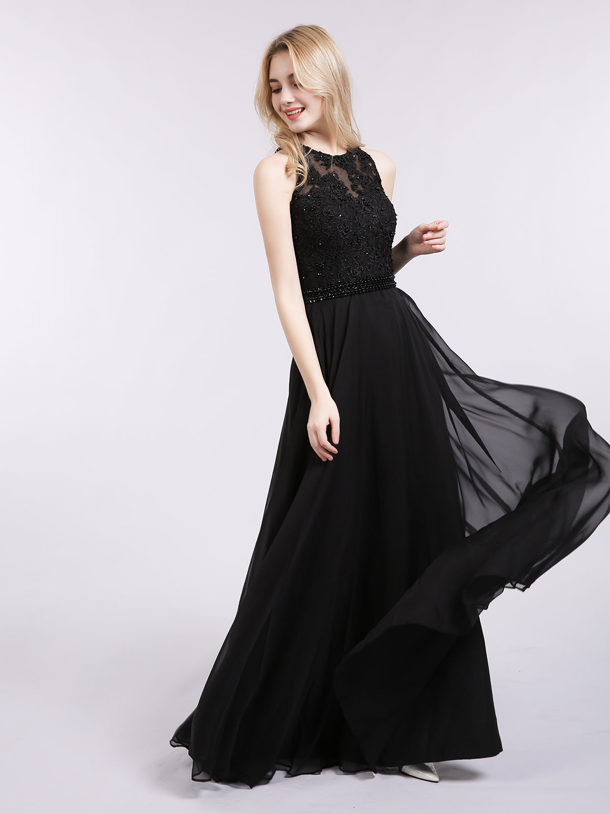 Open Back Chiffon Beaded Waistband Dress-Black