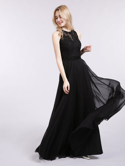 Open Back Chiffon Beaded Waistband Dress-Black