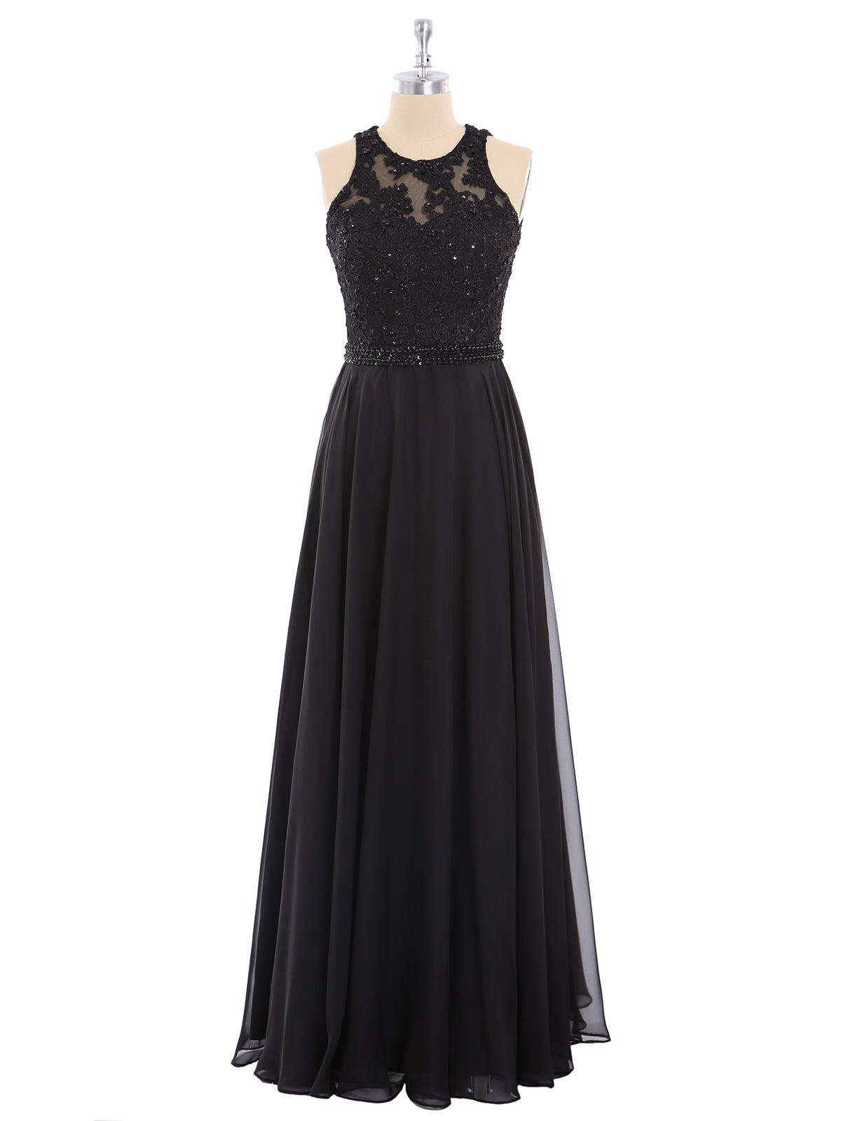 Open Back Chiffon Beaded Waistband Dress-Black