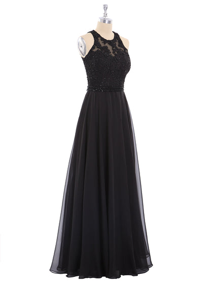 Open Back Chiffon Beaded Waistband Dress-Black