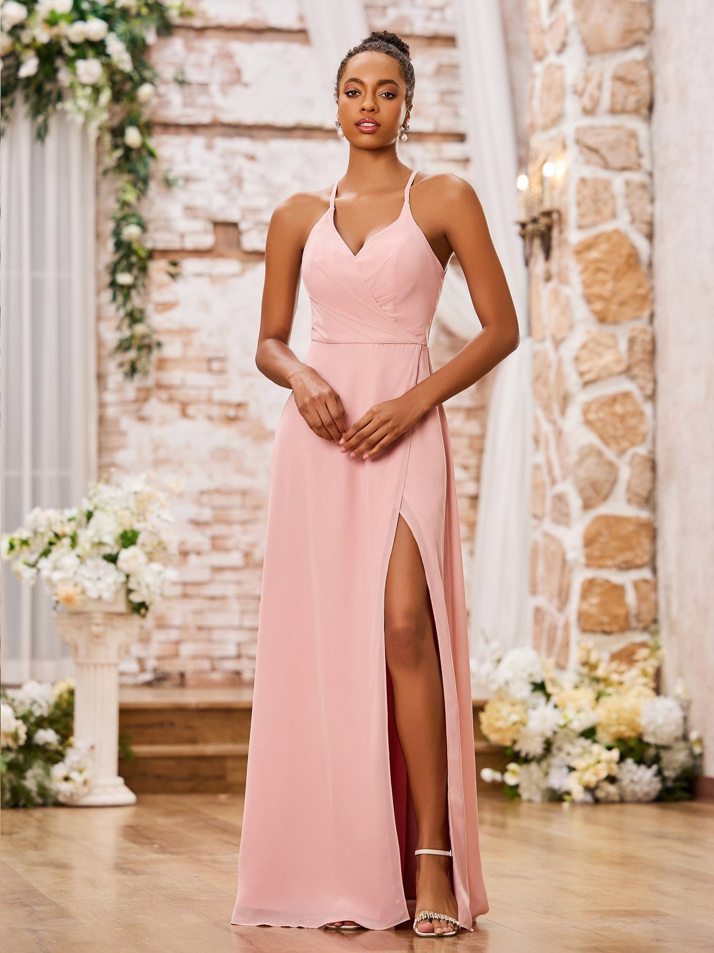 A-line Spaghetti Straps Sexy Chiffon Gowns with Slit Dusty Rose