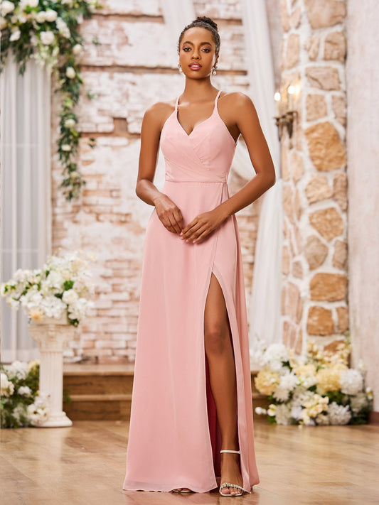 A-line Spaghetti Straps Sexy Chiffon Gowns with Slit Dusty Rose