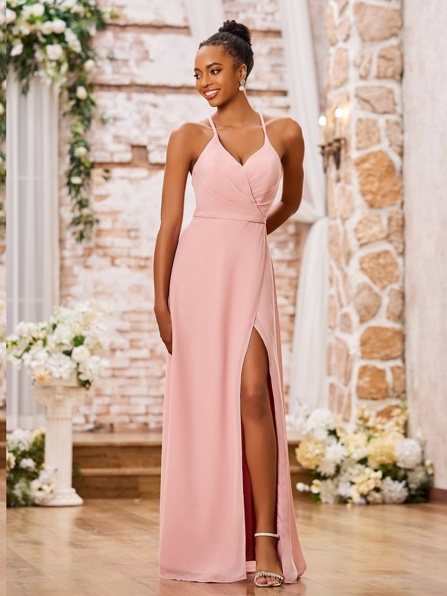A-line Spaghetti Straps Sexy Chiffon Gowns with Slit Dusty Rose