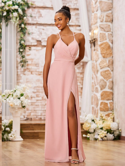 A-line Spaghetti Straps Sexy Chiffon Gowns with Slit Dusty Rose