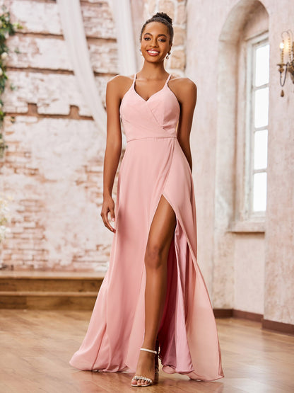 A-line Spaghetti Straps Sexy Chiffon Gowns with Slit Dusty Rose