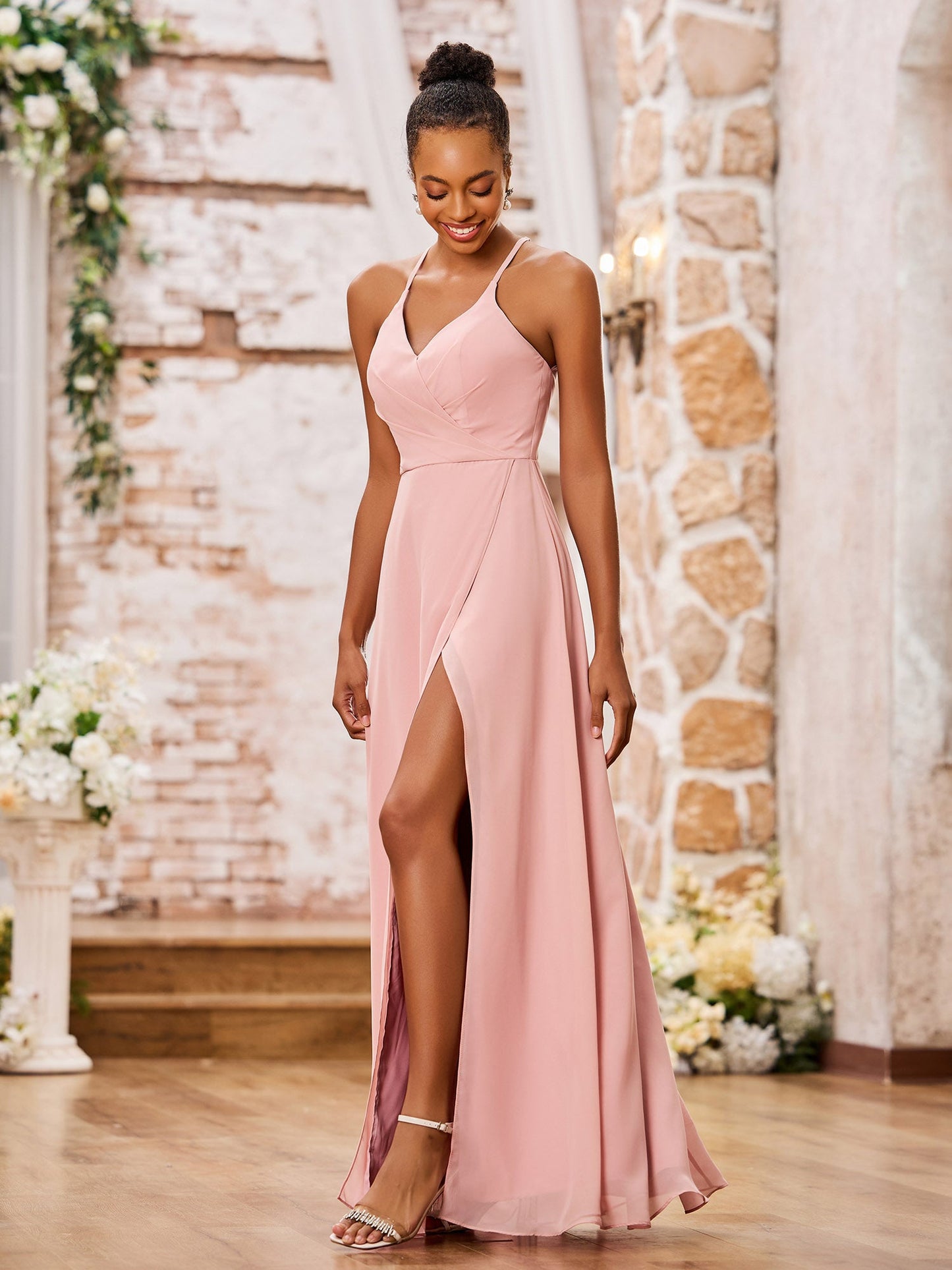 A-line Spaghetti Straps Sexy Chiffon Gowns with Slit Dusty Rose