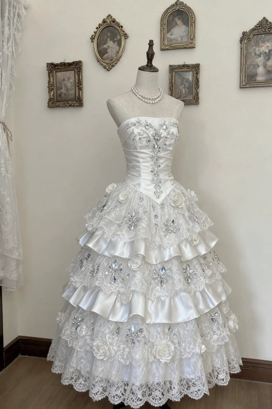 girlhomeshops-Romantic Tea - Party Atmosphere Style：White Satin & Lace & Rhinestone 3D Floral Strapless Floor - Length Birthday Fantasy Dress gh5892