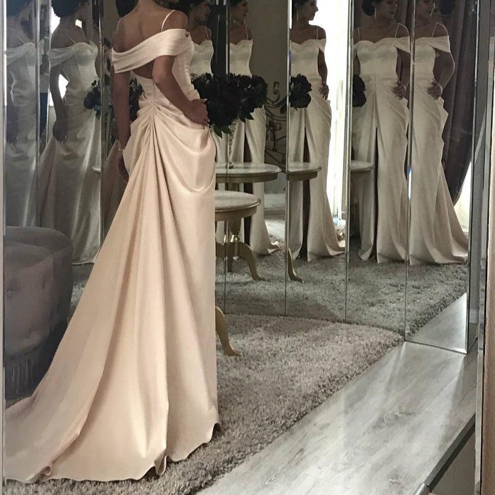 Long Champagne Off Shoulder Satin Mermaid Wedding Dresses