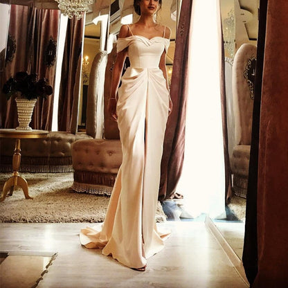 Long Champagne Off Shoulder Satin Mermaid Wedding Dresses