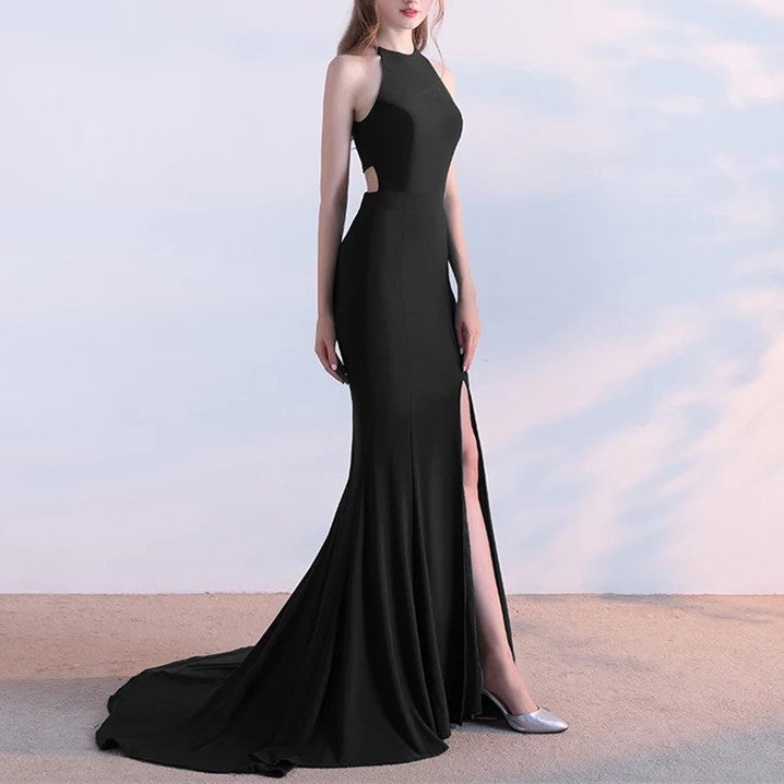 Long Jersey Halter Mermaid Evening Gowns Backless Prom Dresses