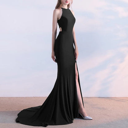 Long Jersey Halter Mermaid Evening Gowns Backless Prom Dresses