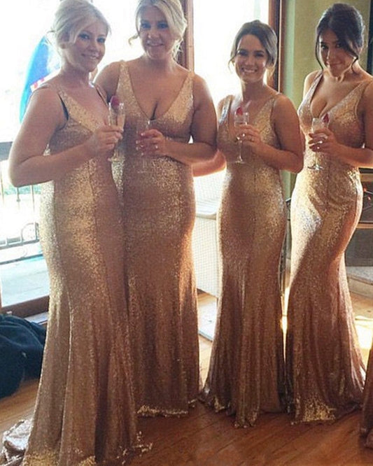 Long Rose Gold V-neck Empire Waist Mermaid Sequined Bridesmaid Dresses