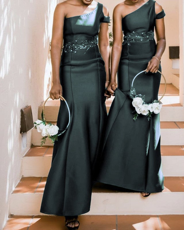 Long Satin Mermaid Dresses One Shoulder Bridesmaid Gowns