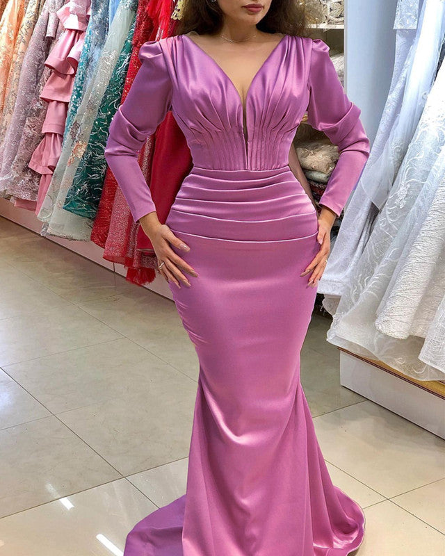 Long Sleeve Mermaid V Neck Satin Dresses