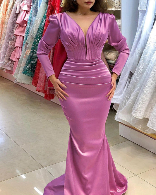 Long Sleeve Mermaid V Neck Satin Dresses