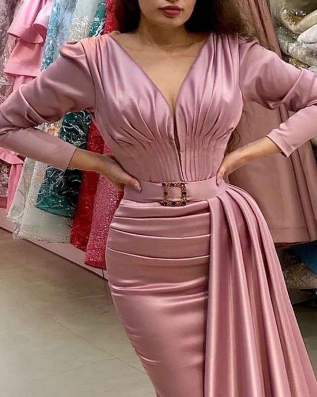 Long Sleeve Pink Mermaid Prom Dresses Satin