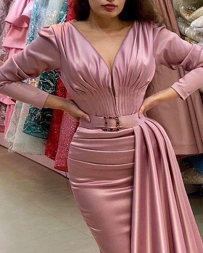 Long Sleeve Pink Mermaid Prom Dresses Satin