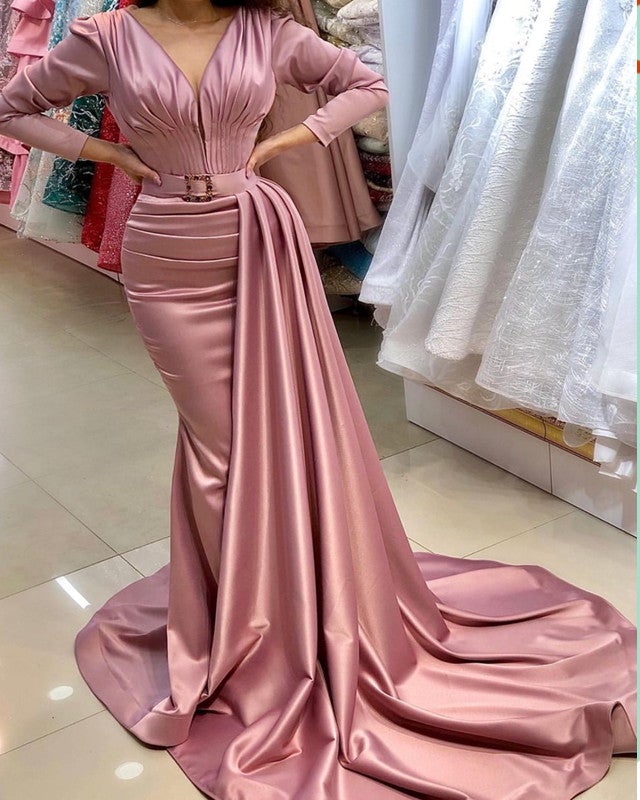 Long Sleeve Pink Mermaid Prom Dresses Satin