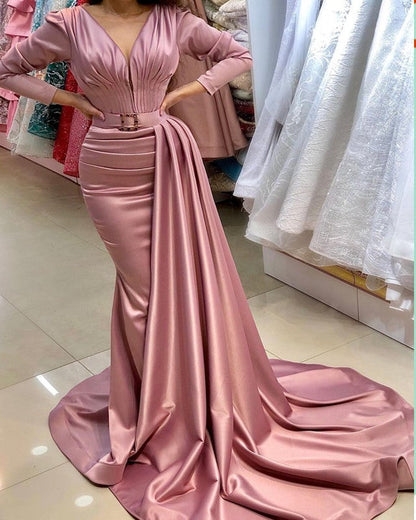 Long Sleeve Pink Mermaid Prom Dresses Satin