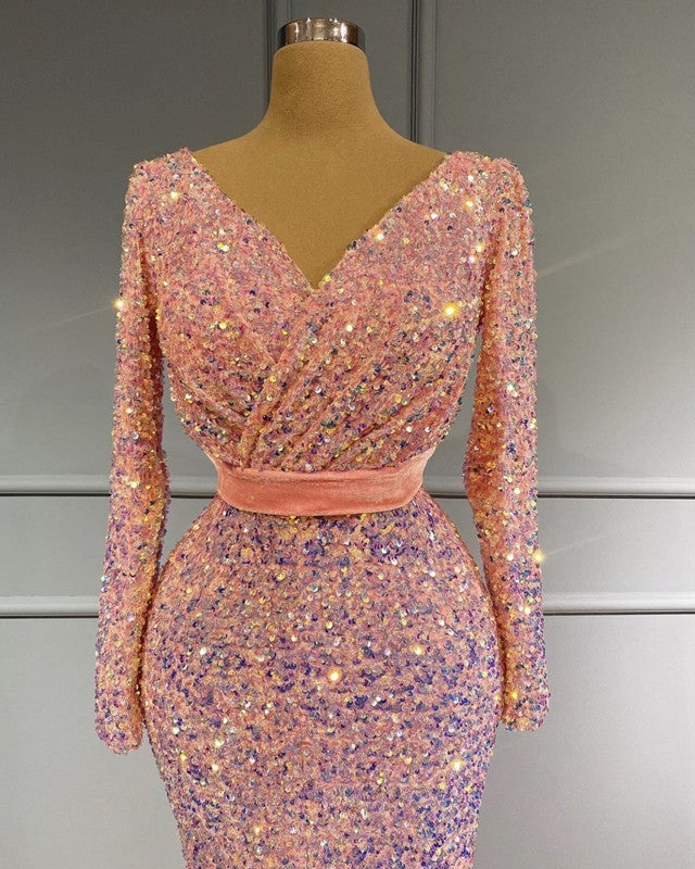 Long Sleeve Pink Mermaid Sequin Prom Dresses