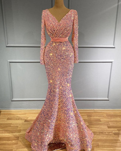 Long Sleeve Pink Mermaid Sequin Prom Dresses