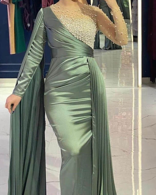 Mermaid Long Sleeve Sage Satin Formal Dress