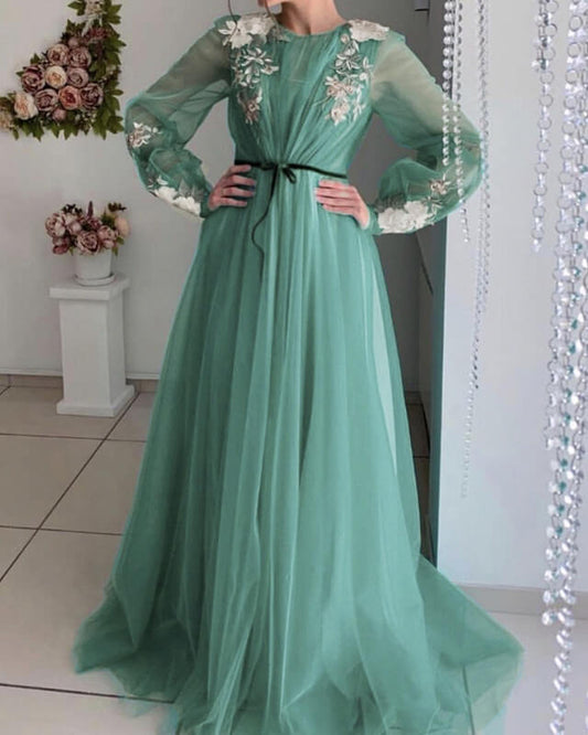 Long Sleeve Tulle Prom Dresses Lace Embroidery