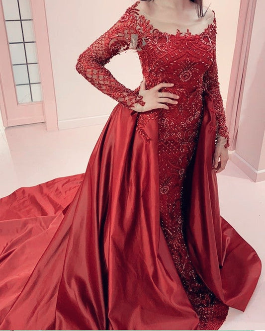Long Sleeved Mermaid Dresses Lace Beaded