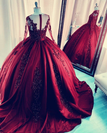 Long Sleeves Ball Gown Quinceanera Dresses Lace Appliques