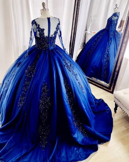 Long Sleeves Ball Gown Quinceanera Dresses Lace Appliques