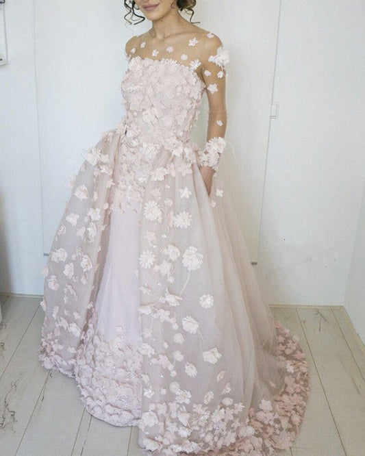Long Sleeves Ball Gown Tulle Dresses With 3D Flowers