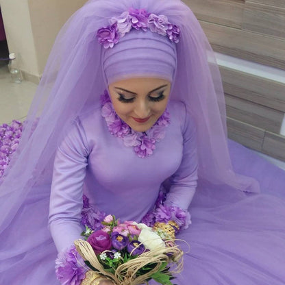 Long Sleeves Ball Gowns Flower Wedding Dresses Hijab For Muslim Arabic Women