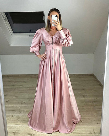 Long Sleeves Satin V Neck Dresses