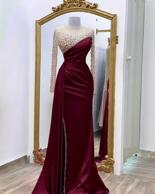 Long Sleeves Prom Dresses Mermaid Satin Split
