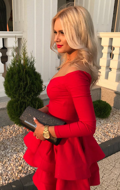 Long Sleeves Homecoming Dresses Ruffles Satin Cocktail Dress