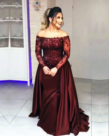 Long Sleeves Lace Off Shoulder Mermaid Prom Dresses