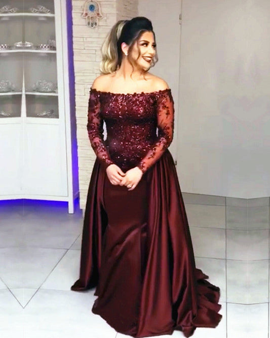Long Sleeves Lace Off Shoulder Mermaid Prom Dresses