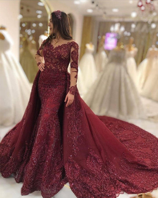 Long Sleeves Mermaid Lace Evening Dress Sweep Train