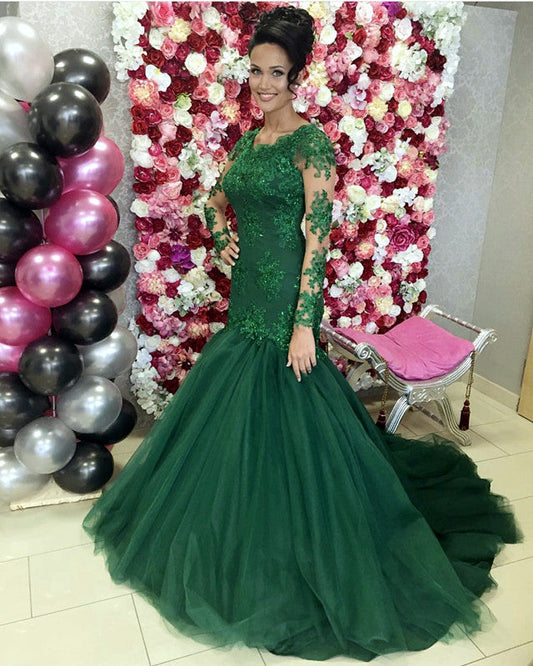 Lace Long Sleeves Mermaid Prom Dresses Tulle Evening Gowns